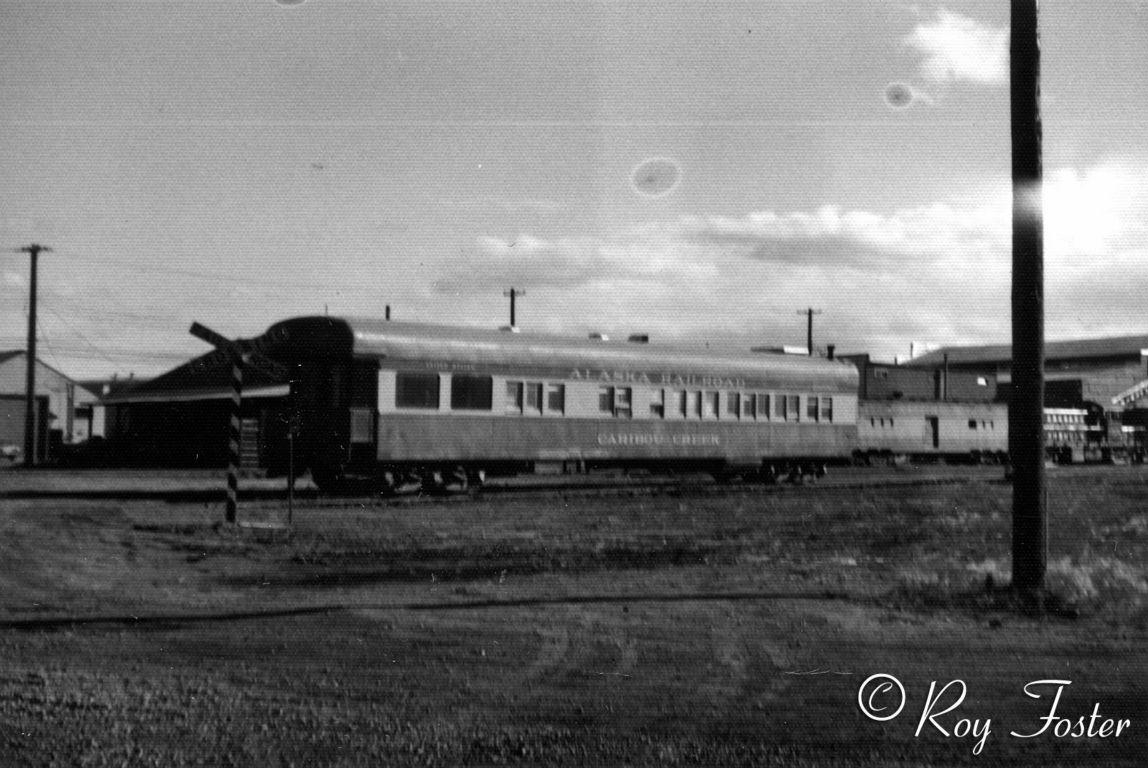 In Anchorage on freight house, house track lead, former ARR business car Caribou Creek sold to interests outside Fall of 1976