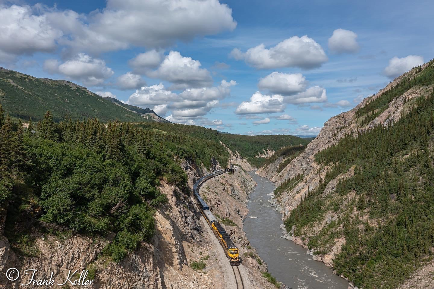 The southbound Denali Star exits Healy Canyon, next stop Denali Park. Summer fun.